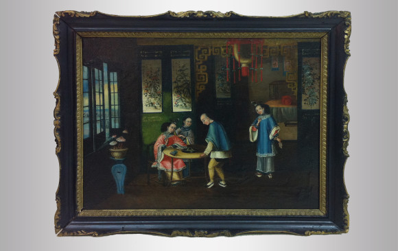 ''Fight of birds'' Chinese interior scene<br/>Nineteenth Century