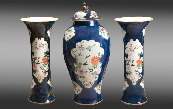 Set of two Trumpet Vases and <br/>one Covered Jar<br/>Kieng Lung Period (1735-1795)