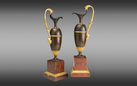 French pair of Jars<br/> in gilded and patinated bronze  <br/>on a marble base red Campan