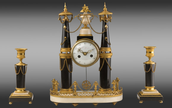 Gilt bronze marble Clock and Candlesticks<br/>Louis XVI Period