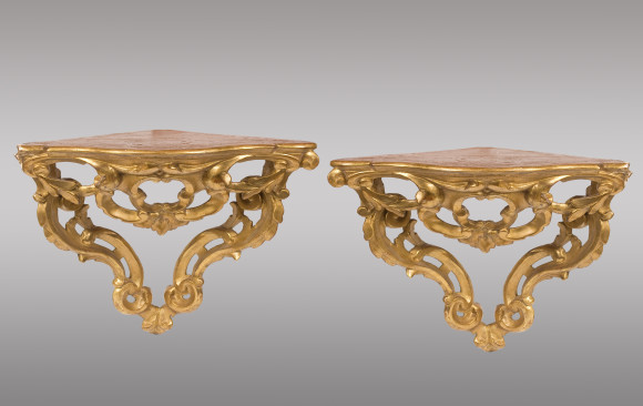 Two Spanish Corner Brackets<br/> in gilded wood<br/>Eighteenth Century