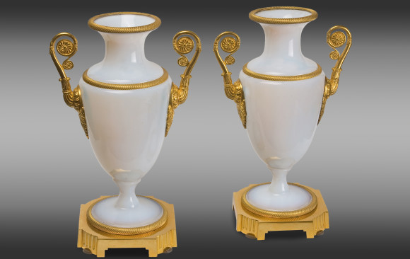 French white Opaline Vases<br/>with gilt bronze mounts <br/> Charles X Period