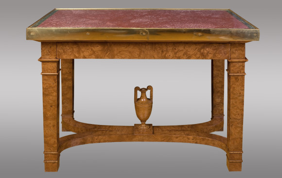 Russian Center Table in elm root<br/>topped with porphyry and bronze<br/> Circa 1830