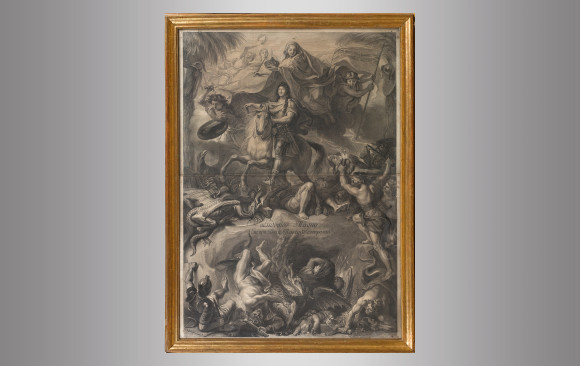 Louis XIV on horseback<br/>Engraved by Gerard Edelink<br/> after Charles Lebrun<br/> Circa 1680