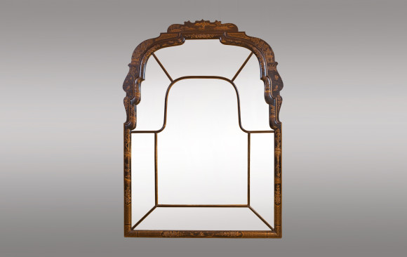 Queen Anne Style black lacquer <br/>hand painted oriental Mirror<br/> Circa 1920