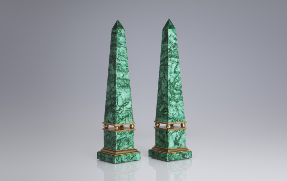 Russian malachite obelisks and gilt bronze<br/>  Nineteenth Century