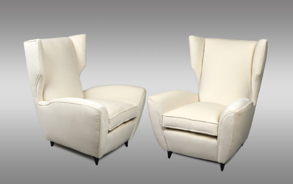 Pair of high backs Italian Armchairs<br/>Design by Melchiorre Bega<br/> Circa 1950